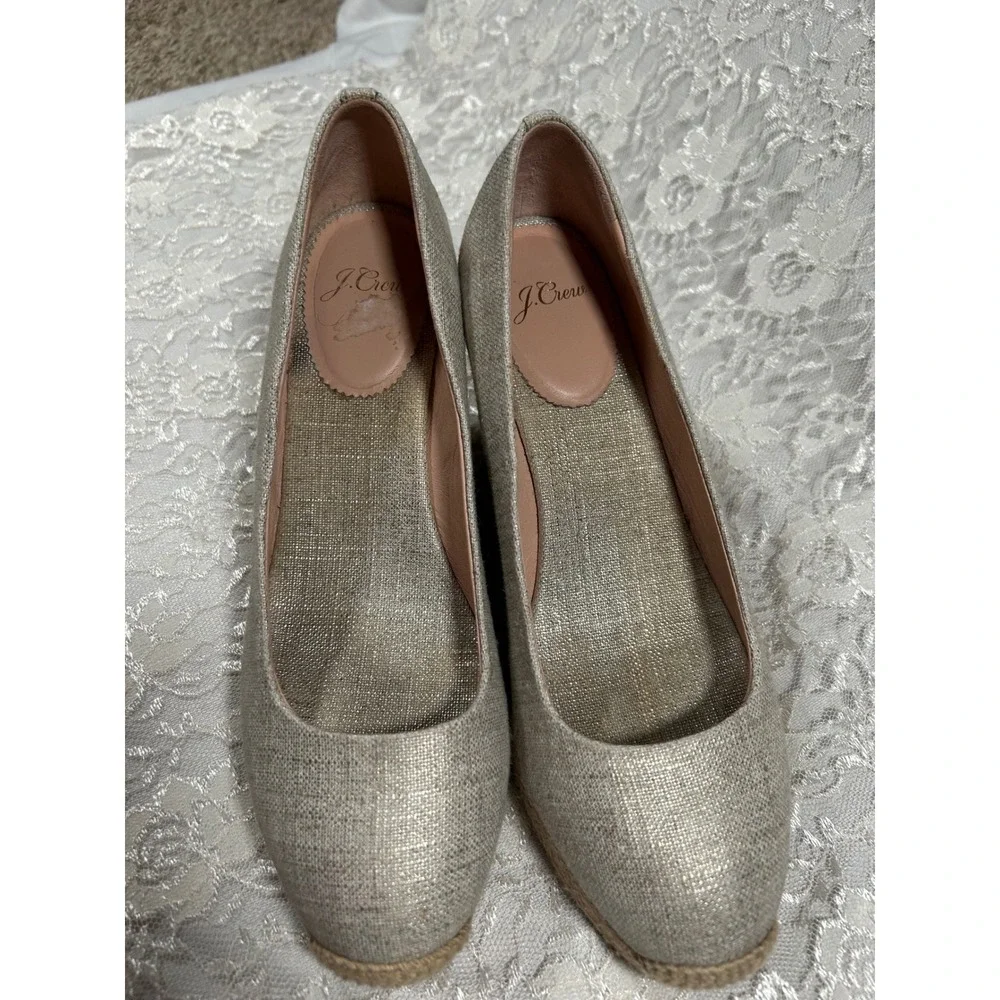 J.Crew Espadrille Wedge Pumps 8.5 Costal Preppy Boho Resortwear Gold Canvas